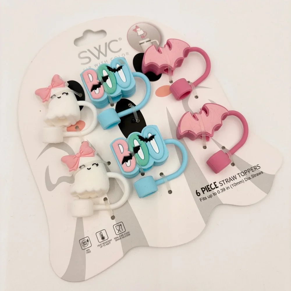 SWC Sip With Color 6pc Halloween Straw Toppers Ghost Summerween Silicone 10mm